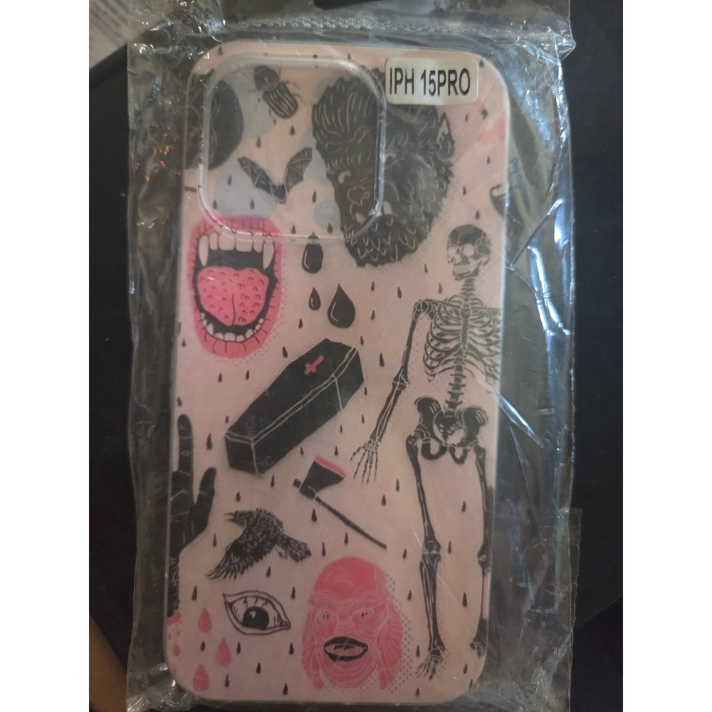 iPhone 15 Pro Case Spooky Gothic Horror Skeleton Vampire Coffin Pink Cover
